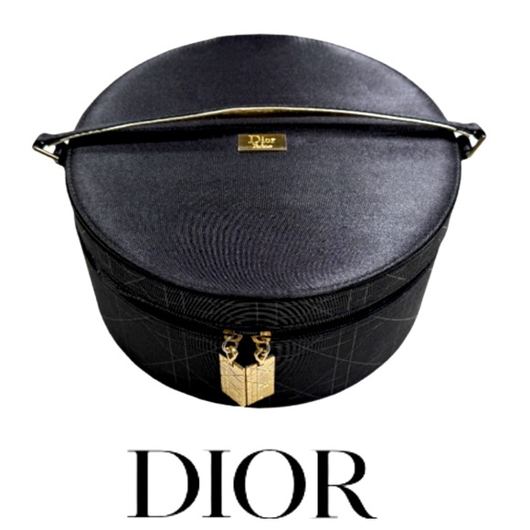 DIOR | Parfums VTG Black Round Travel Makeup Vanity Jewelry Box Case Vacation - Picture 1 of 16